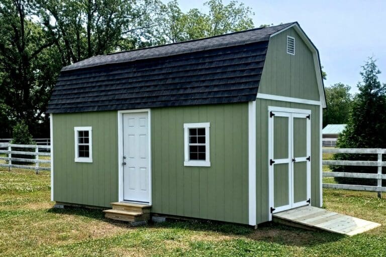 green barn-style shed for sale in VA and NC